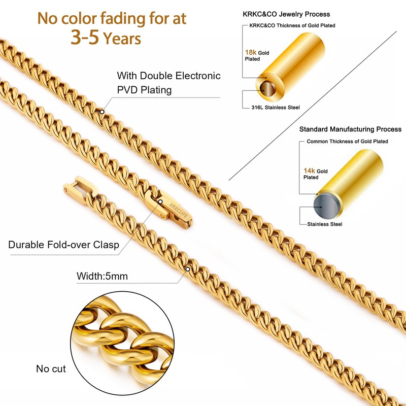 KRKCLIFE Chain Necklace for Womens Mens, 5/7/9MM 18K Gold Plated/Stainless