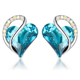 Silver Stud Earrings for Women, Sparkly Cubic Zirconia Heart Studs Earrings │ Dainty White Gold Plated Dec Blue Birthstone Jewellery Gifts for Her Mum Wife Birthday Anniversary Christmas