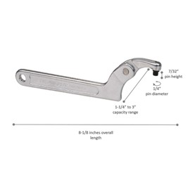 Paramount Adjustable Pin Spanner Wrench: 7/32" Pin Height x 1/4" Pin Diam, 1-1/4" to 3" Capacity