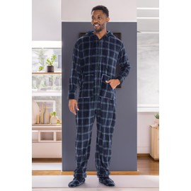 Alexander Del Rossa Adult Onesies for Men, Mens Onesie Pajamas Adults, Fleece Onesie for Men, Hooded Footed Mens Onsie Blue and Green Tartan Plaid Large (A0320P23LG)
