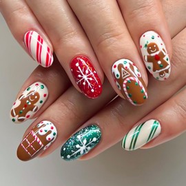 YOSOMMK Short Press on Nails Almond Fake Nails with Gingerbread Man Designs Cute Christmas Glue on Acrylic Nails Glossy Full Cover False Nails for Women and Girls