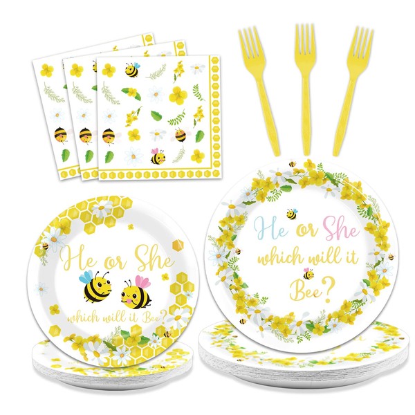 96PCS Bee Gender Reveal Party Tableware Set Bumble Bee Party Supplies for 24 Guests Disposable Honey Bee Dinnerware Plates Napkins Forks for Gender Reveal Party Baby Shower Birthday Party Favors
