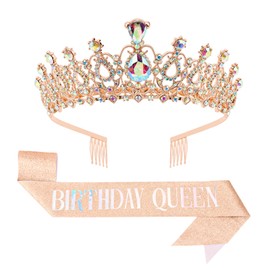 KIUEZIR Crystal Tiara and Birthday Queen Sash Set in Rose Gold - Elegant & Durable Alloy Crown Headband with Comb & Glitter Sash, Ideal Birthday Party Hair Accessories for Women Celebrations