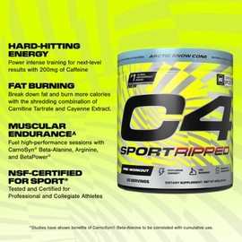 Cellucor C4 Ripped Sport Pre Workout Powder - NSF Certified for Sport - 200mg Caffeine + Cayenne Extract + Carnitine Tartrate + Beta-Alanine - Artic Snow Cone, 20 Servings