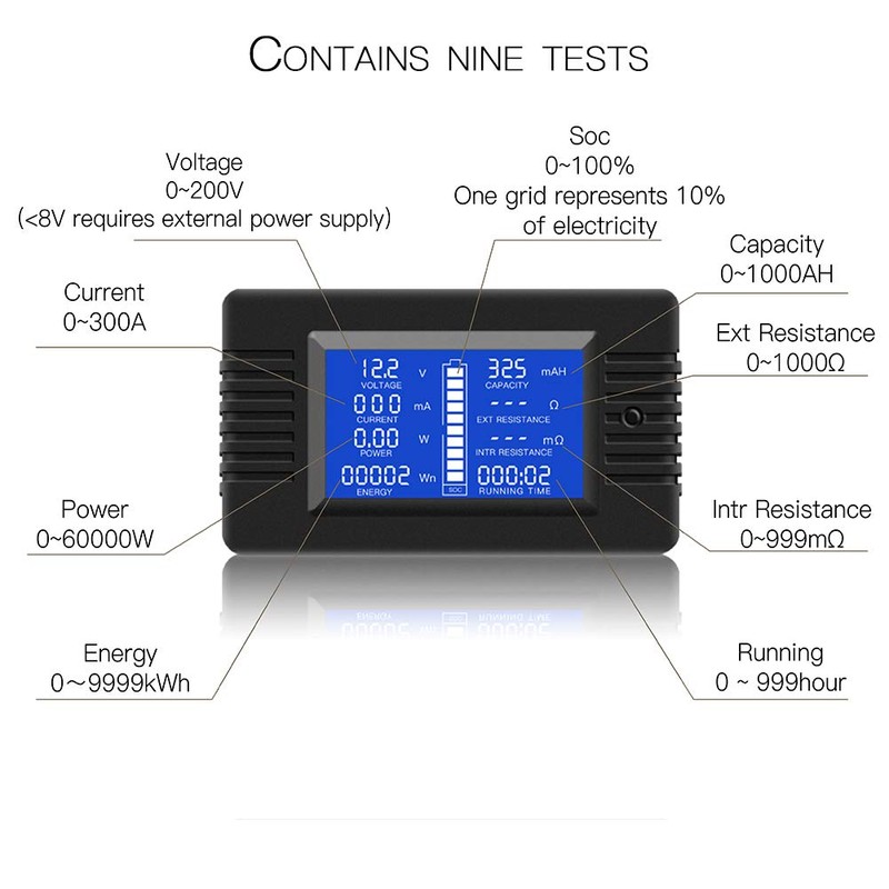 DC 0-200V 0-300A Battery Monitor Meter with Shunt, 9-in-1 Digital
