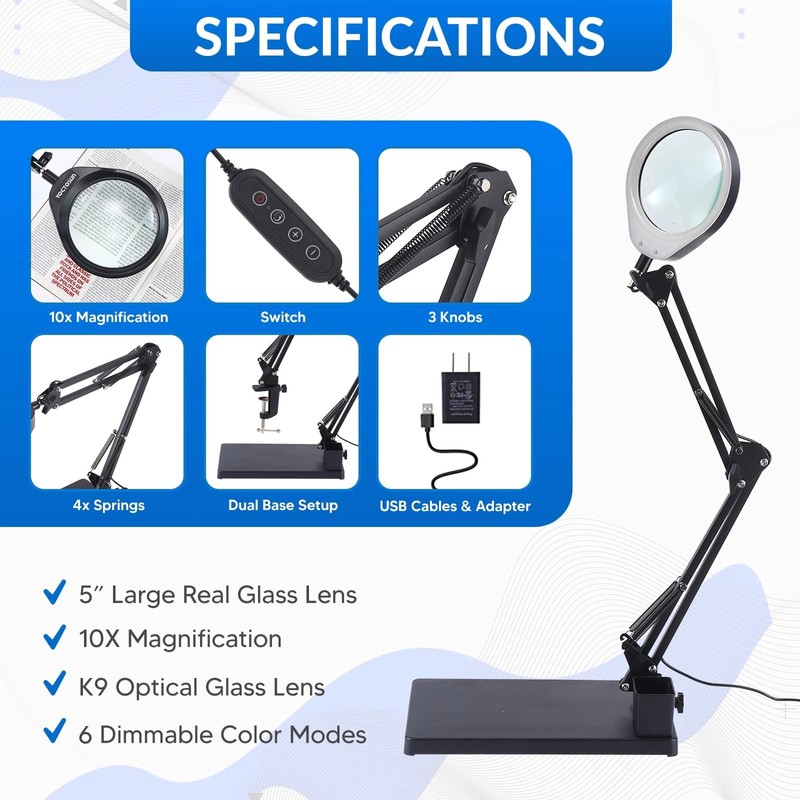 YOCTOSUN 10X Magnifying Glass Lamp with 6 Color Modes Stepless