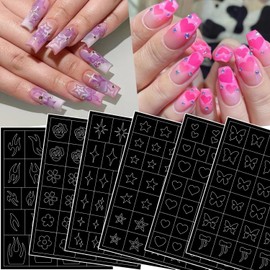 6 Sheets Airbrush Stencil Nail Stickers for Nails Art Flowers Flame Heart Star Butterfly Flame Nail Art Stickers French Hollow Auxiliary Design Nail Guides Decals DIY Salon Manicure Templates Tool