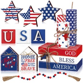 Anglechic 15 Pcs 4th of July Tiered Tray Decorations Patriotic Wooden Table Sign Independence Day Decor Classic Red White Blue Star USA Fireworks Wood Block Centerpieces for Home Tabletop Party Decor
