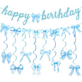 Blue Bow Birthday Banner Garland with Hanging Swirls for Baby Blue Bow Party Decor Coquette Birthday Decorations