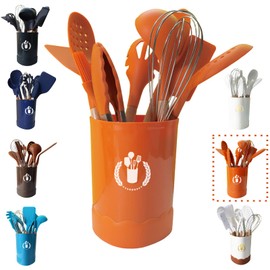 BRIIEC Orange Silicone Kitchen Cooking Utensils Set, Heat Resistant Silicone Kitchen Gadgets Utensils Set with Wooden Handle, Spoons Spatula Whisk with Holder for Nonstick Cookware