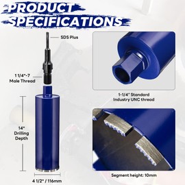 DaduoRi 4-1/2" Pro Concrete Core Drill Bit with SDS Plus Adapter (1-1/4"-7 Thread) - 14" Cutting Depth & Upgraded Welded Core Bits for Concrete with Rebar, Brick, Masonry,Stucco,Mortar,Wet Coring