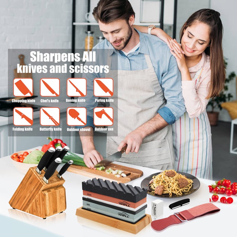 HMPLL Knife Sharpening Stone Set, Professional Whetstone 4 Side Grit