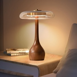 WTHTNROM Small Table Lamp for Bedroom-Wooden Base Teardrop Mushroom Table Lamps,Amber Glass Shade,LED Three Color Temperature Adjustable Brightness Modern LED Side Table and Desk Lighting(H 12.4 in)