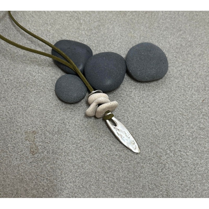 Hag Stone Necklace with Long Drop Silver Pendant, Wiccan Fairy