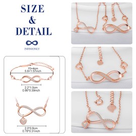 INFINIONLY Jewellery Sets, Women's girl's Necklace and Bracelet, 925 sterling silver necklace bracelet, Fashion diamond infinity symbol pendant bracelet, Inlaid zircon, rose gold