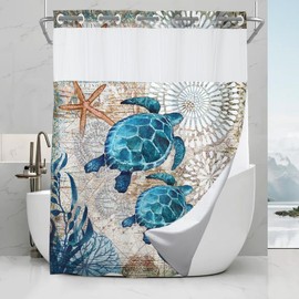 Final Friday Green and Teal Sea Turtles Theme No Hook Waffle Weave Shower Curtain with Snap in Liner Nautical Beach Bathroom Blue Ocean Decor Set 72 W x 86 H Inch Teal