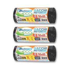 Bottari 60 Müllbeutel, 30 l, 50 x 60 cm, mit Verschlussbändern, schwarz, robuste und recycelte Müllsäcke, 3 Rollen à 20 Stück