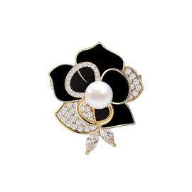 Delicate 14K Gold Camellia Brooch with Natural Freshwater Pearls, Moissanite Embellished Floral Lavish Diamond Brooch, Wedding Decorations for the Bride (Black)