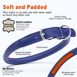 Dogline Rolled Leather Dog Collar - for Small, Medium and Large Breeds - Soft and Padded Round Luxury Design 1/2 by 22-25" Round Leather Collar, X-Large, Royal Blue