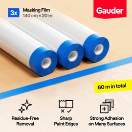 GAUDER 3 Rolls Pre-Taped Masking Film (140 cm x 20 m) | Painter’s Tape with Plastic Sheeting | 84 m² Pre-Taped Covering Film | 3-Piece Set for Windows, Doors and Switches