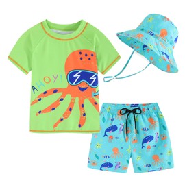 Toddlers Baby Boys' 3-Piece Swimsuit Trunk Rashguard Set and Sun Hat Swimwear Bathing Suit UPF 50+Green Octopus(4-5T)