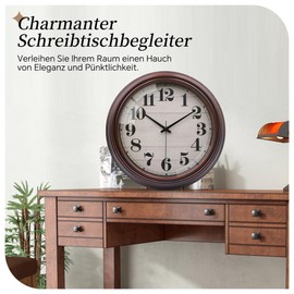 VIKMARI 23 cm Vintage Wall Clock, Large Retro Brown Wall Clock Without Ticking Noises for Living Room, Bedroom, Kitchen, Bathroom, Office
