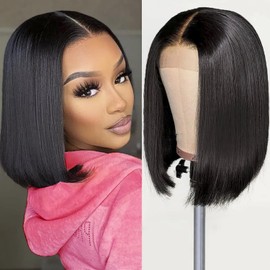 Bob Wig Human Hair 13x4 frontal lace wig Human Hair 180 Density 12 inch HD Lace Front Wigs with Baby Hair 180% Density Glueless Short Human Hair Wigs for Women Natural Color