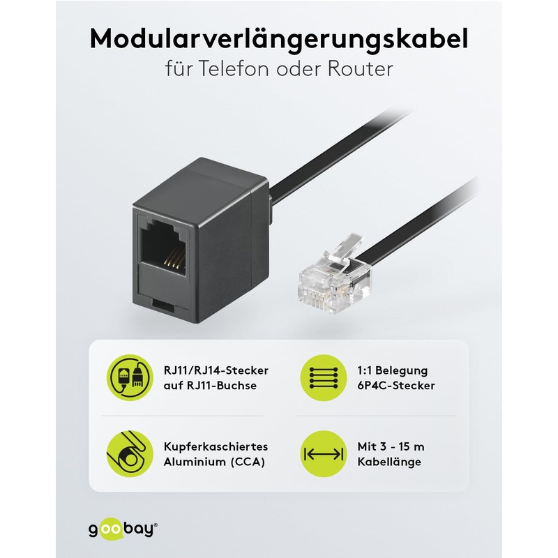 Goobay 68258 15 Meters Black RJ11/RJ14 Plug (6P4C) to RJ11