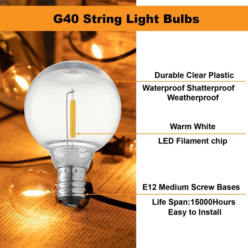 abulber G40 LED Outdoor String Light Bulbs, Shatterproof Waterproof, E12