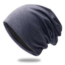 Octering® Beanie Hat for Men and Women Slouch Long Beanie Cotton Elastic Unisex - #07 blue fleece lining.