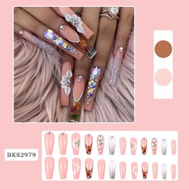 Diamond Press on Nails Long Square Fake Nails with White Flower Designs French tips Glue on Nails Glitter Rhinestones Reusable Glossy Nude False Nails for Women Girls Manicure 24pcs