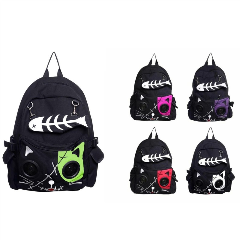 Banned Apparel Kitty Speaker Backpack Fish-Bone Purse 3.5mm Aux, Green
