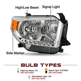 JSBOYAT Headlight Assembly Replacement for 2014 2015 2016 2017 2018 2019 2020 2021 Toyota Tundra Limited/Ltd/SR5/SR/TRD Halogen Headlamps with Level Adjuster Chrome Housing Amber Reflector Pair