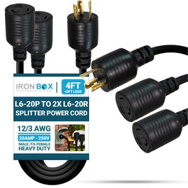 IronBox Electric - L6-20P to 2X L6-20R Splitter Power Cord - Rated for 20A/250V - 12/3 AWG - Cable with 1x L6-20 Plug to 2X L6-20R Connectors - Ideal for Industrial & Commercial Use (4ft + 2ft Legs)