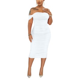 Women's Sexy Off Shoulder Sleeveless Bodycon Ruched Midi Elegant Cocktail Evening Party Night Tube Dresses XX-Large