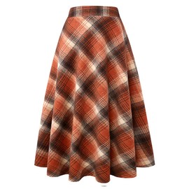 Wool Skirt for Women 2024 Fall Winter High Waisted A Line Pleated Tweed Corduroy Suede Sweater Flannel Tartan Long Plaid Skirt (Orange, M)
