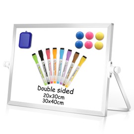 QUEENLINK Small Magnetic Whiteboard,12”x8” Double-Sided Desk White Board with Stand,Portable Whiteboard 8 Colorful Markers,6 Magnets,1 Eraser,Desktop Whiteboard for Kids Drawing,Office,Home,School
