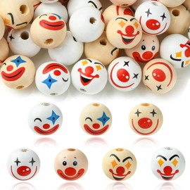 Stiesy 100 Pcs Printed Wood European Beads 19~20mm Round with Clown Pattern Decorative Wooden Beads for Craft Necklace Bracelet Jewelry Making DIY Craft Home Decoration