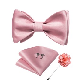 DiBanGu Pink Bow Ties for Men Satin Self-tied Bowtie Set Wedding Bow Tie with Pocket Square Lapel Pin Cufflinks