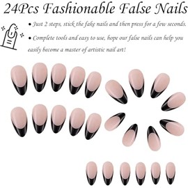 Uñas Francesas con Punta a Presión 24 Piezas de Uñas Almendra Negras
