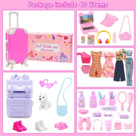 40 PCS Doll Travel Accessories Playset Includes Travel Luggage Suitcase 5 Clothes 1 Backpack 3 Pairs of Shoes & 32 Accessories Headset Puppy Toiletories,etc Travel Toy Set for 11.5 Inch Girl Dolls