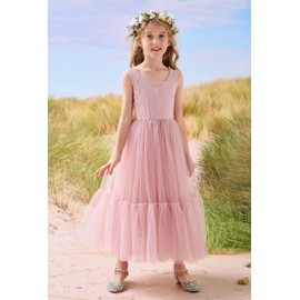 LalaMira Flower Girl Dress Lace/Tulle Boho Toddler Dresses Ruffle Girl Dress for Wedding Garden Party First Communion Holiday Beach Dusty Rose-8 Years