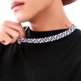 OWNCOOL 2 PCS Cuban Link Chain Cuban Diamond Chain Necklace Bracelet Bling Iced Out Hip Hop Jewelry for Men Women Blue 8 20inch
