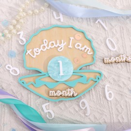 Wooden Mermaid Monthly Milestone Cards - Seashell Newborn Baby 1-12 Months Milestone Set, Baby's First Year Set, Mermaid Nursery Decor (Green Seashell Monthly Card)