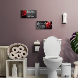 DONFENTHY 2Pcs Rustic Farmhouse Wooden Hanging Wall Art - 'Best Seat in The House' Red Rose Bathroom Rules Decor - Toilet Accessories (Red 12x6)