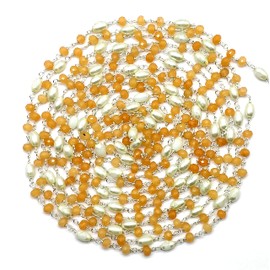 Sunstone Jade with Glass Pearl 36 Inch 92.5 Sterling Silver Plated 4 mm - 4 x 6 mm Rondelle Drum Faceted Smooth Beads Necklace Chains Bulk for DIY Necklace Bracelet Choker Jewellery Making 3 Feet