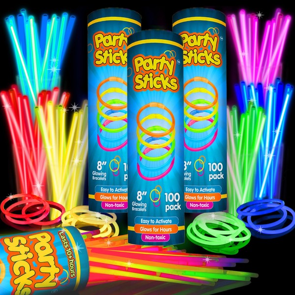 PartySticks Glow Sticks Jewelry Bulk Party Favors 300pk and Connectors - 8" Glow in The Dark Party Supplies, Neon Party Glow Necklaces and Glow Bracelets for Kids and Adults