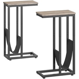 HOOBRO Narrow C Shaped End Table Set of 2 with Fabric Storage, Snack Couch Side Table for Sofa, TV Tray with Metal Frame, for Small Space, for Living Room, Bedroom, Greige and Black BG69SFP201
