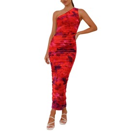 PRETTYGARDEN Women's One Shoulder Bodycon Dresses Summer 2025 Ruched Floral Beach Cocktail Wedding Guest Dress(Floral Rust Red,Medium)