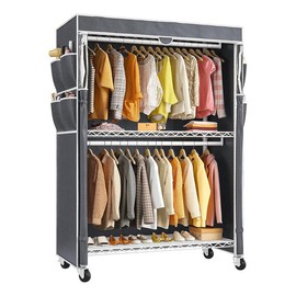 Raybee Heavy Duty Clothes Rack with Cover  500LBS Loads Clothing Racks for Hanging Clothes with Wheels & Adjustable Feet Portable Coat Rack Freestanding Closet Garment Rack - Color: Black Post